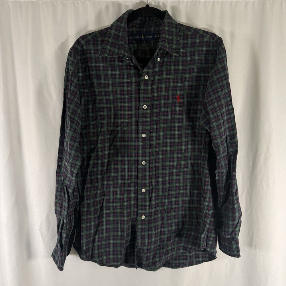 Ralph Lauren Dress Shirt Men's Medium Green Plaid Long Sleeve Button Down Collar